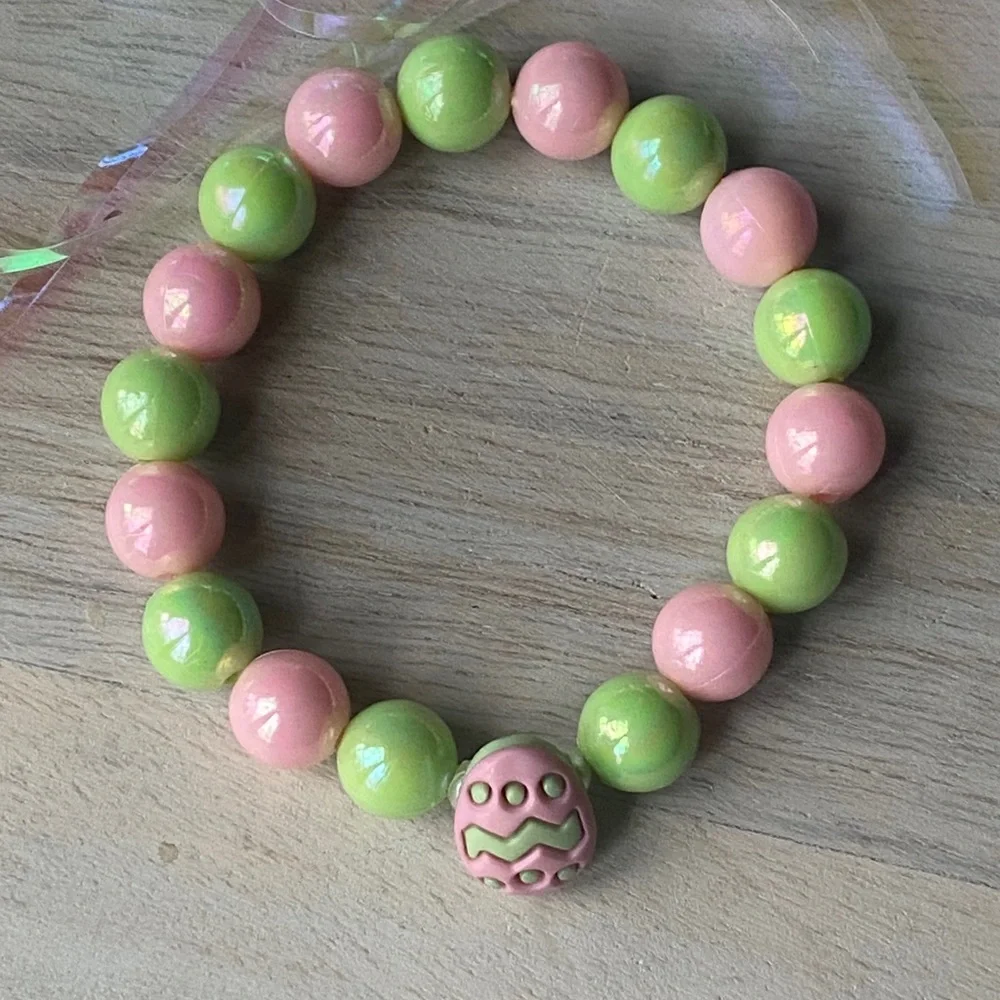 Girls Easter Egg Pastel Beaded Bracelet Pink Green Easter Basket Stacking
